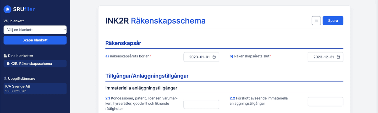 SRUfiler.se app för att skapa SRU-filer. Blankett i bakgrund, meny till vänster
